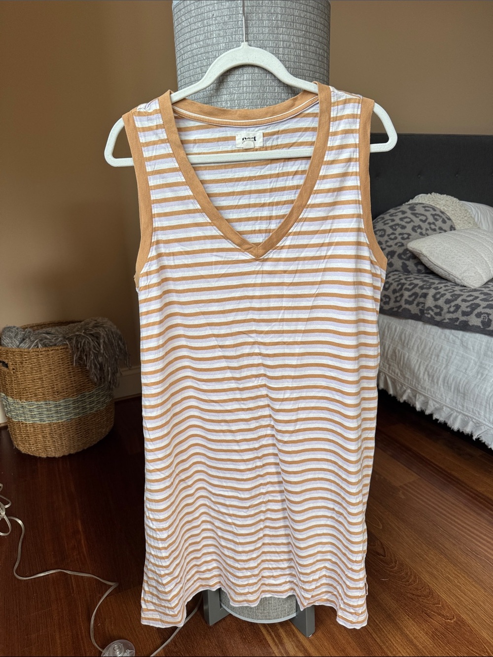 Pact Striped Sleeveless V-Neck Midi Dress in White and Tan